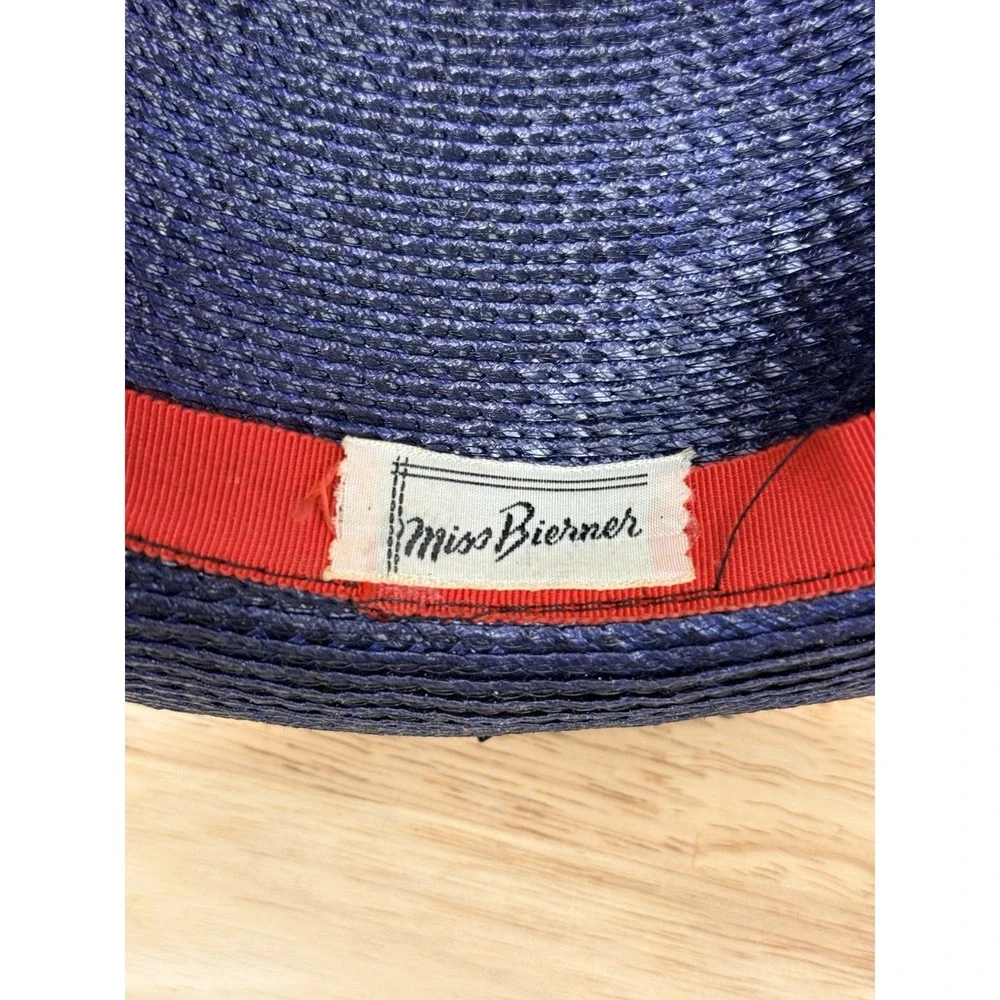 Vtg Miss Bierner Blue Hat Embellished Feathers Netting Woven 11 Inches Diameter‎